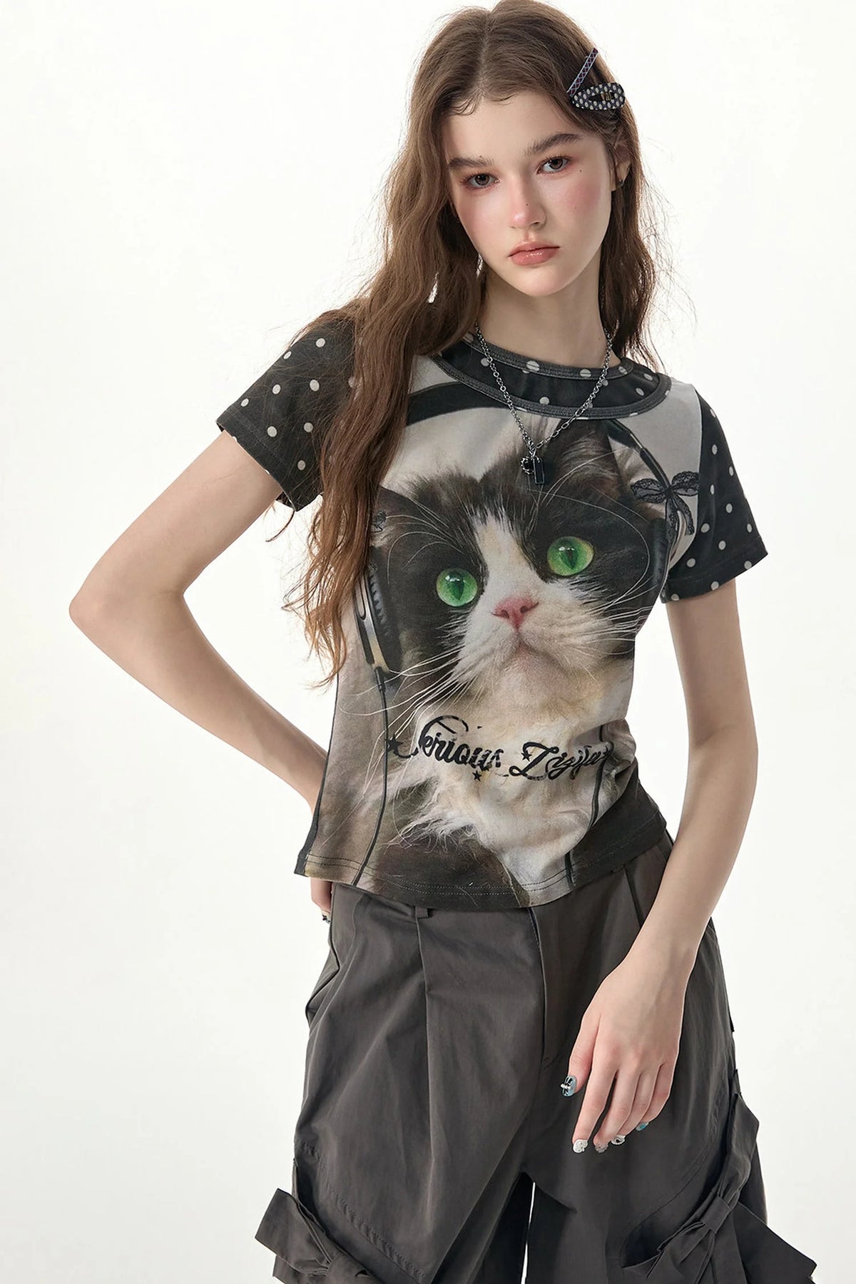 Cat Print Polka Dot T-Shirt