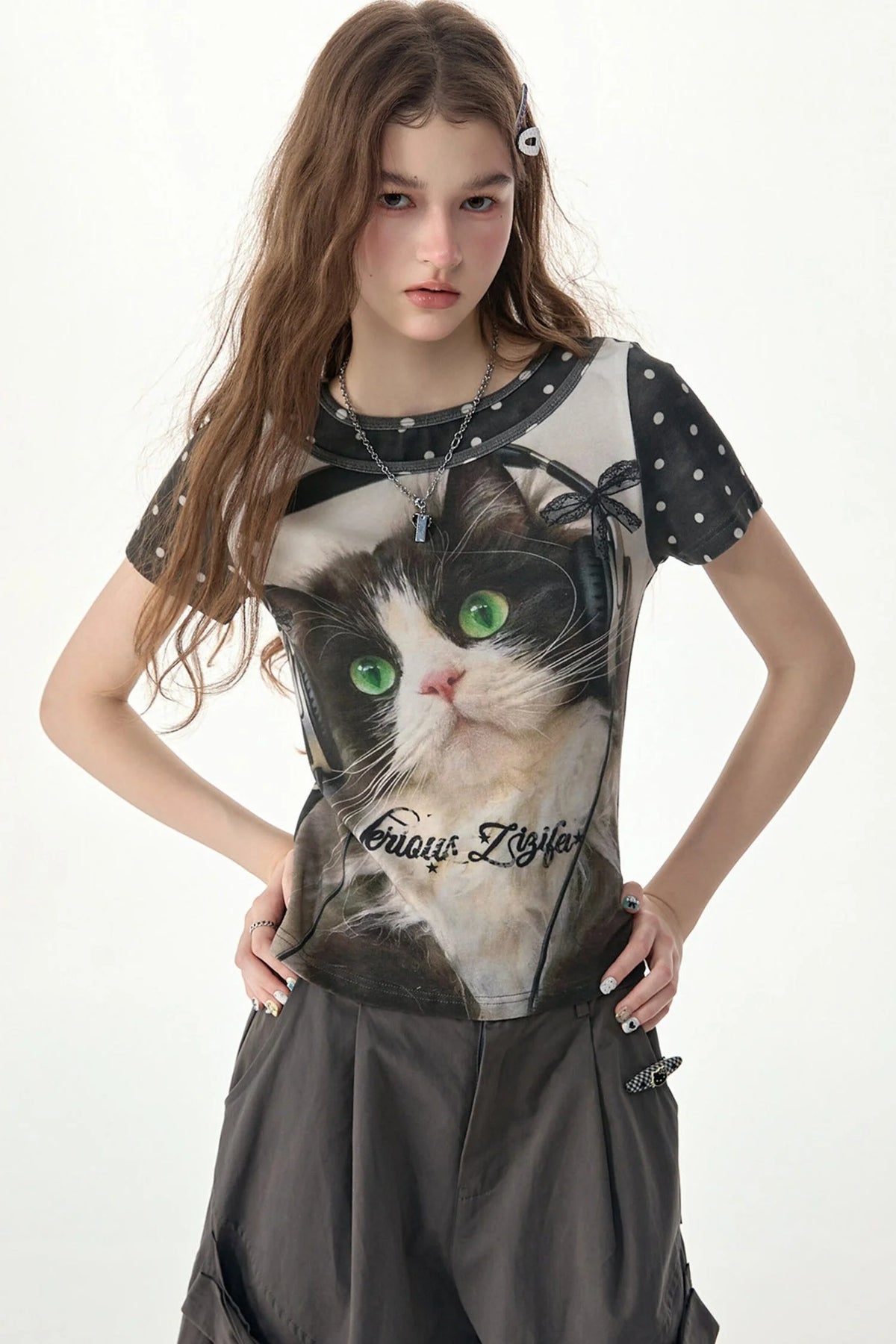 Cat Print Polka Dot T-Shirt