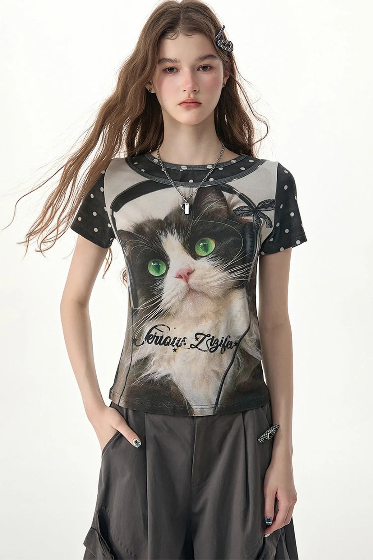 Cat Print Polka Dot T-Shirt