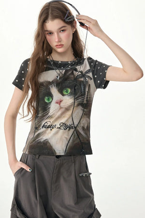 Cat Print Polka Dot T-Shirt