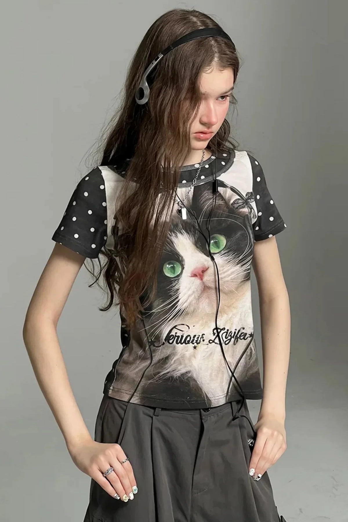 Cat Print Polka Dot T-Shirt