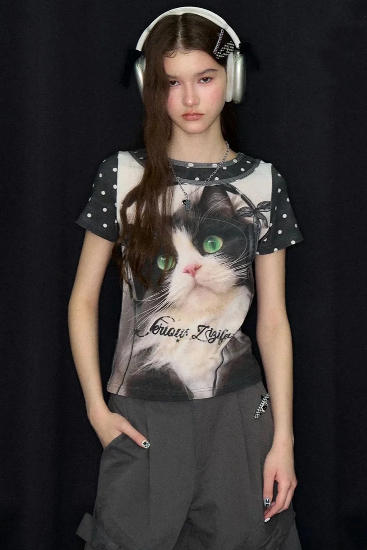 Cat Print Polka Dot T-Shirt