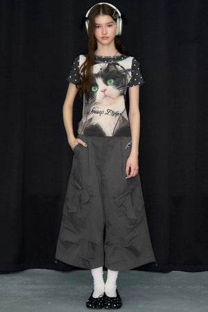 Cat Print Polka Dot T-Shirt