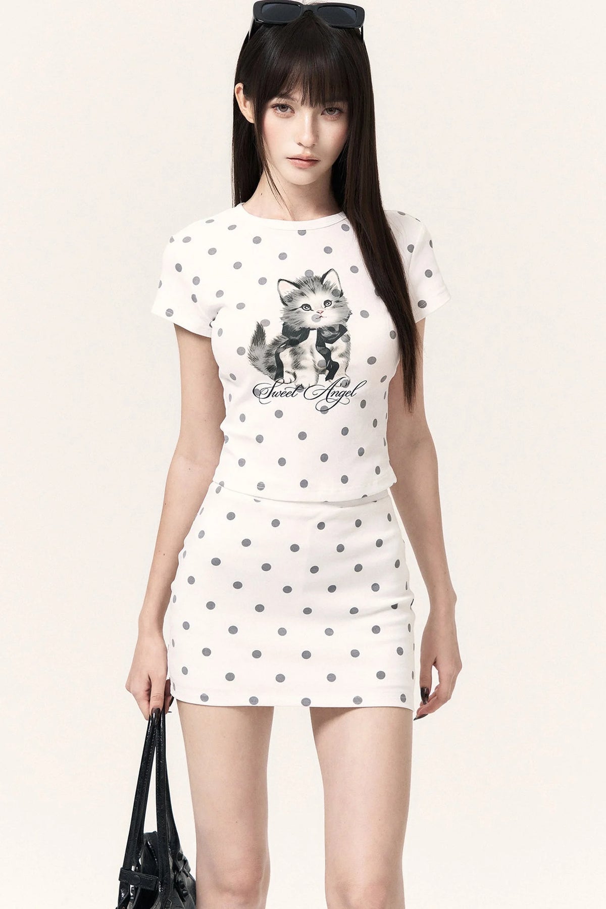 Cat Print Polka Dot Top Pants and Skirt Set-Up