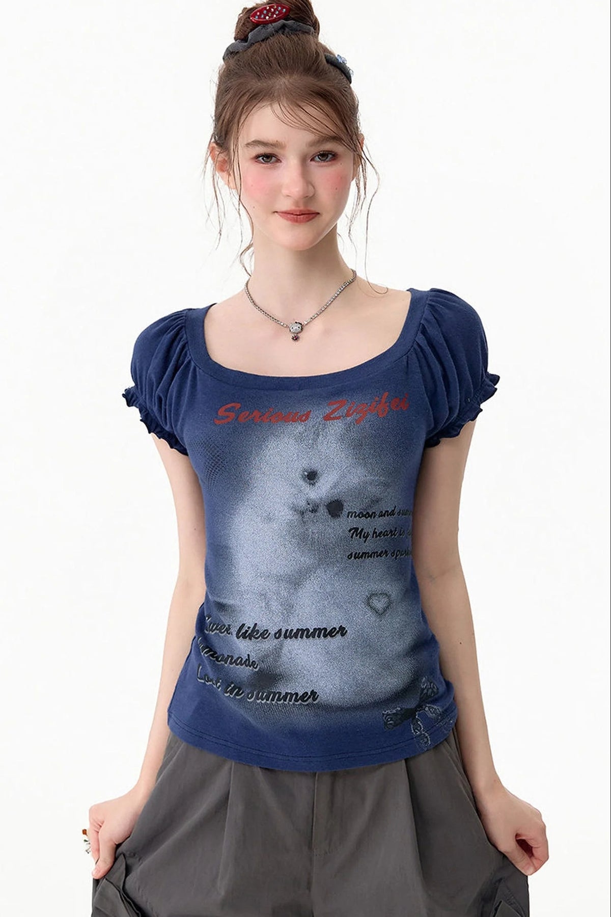 Cat Print Puff Sleeve Short Sleeve T-Shirt