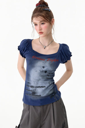 Cat Print Puff Sleeve Short Sleeve T-Shirt