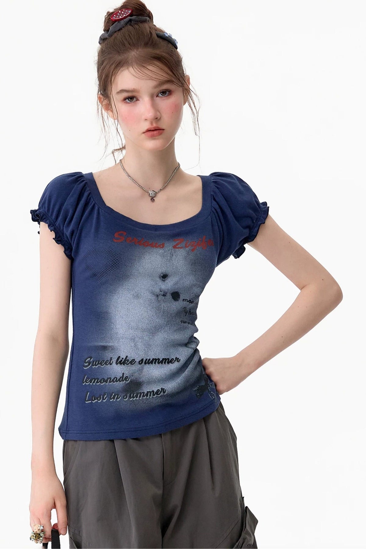 Cat Print Puff Sleeve Short Sleeve T-Shirt