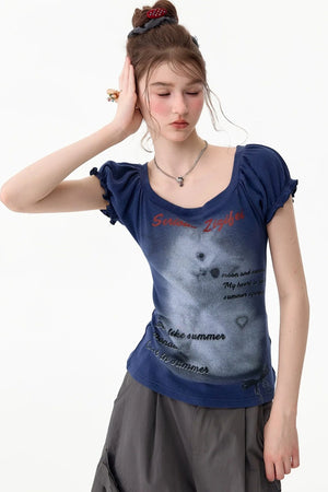Cat Print Puff Sleeve Short Sleeve T-Shirt