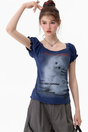 Cat Print Puff Sleeve Short Sleeve T-Shirt