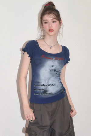 Cat Print Puff Sleeve Short Sleeve T-Shirt