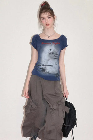 Cat Print Puff Sleeve Short Sleeve T-Shirt