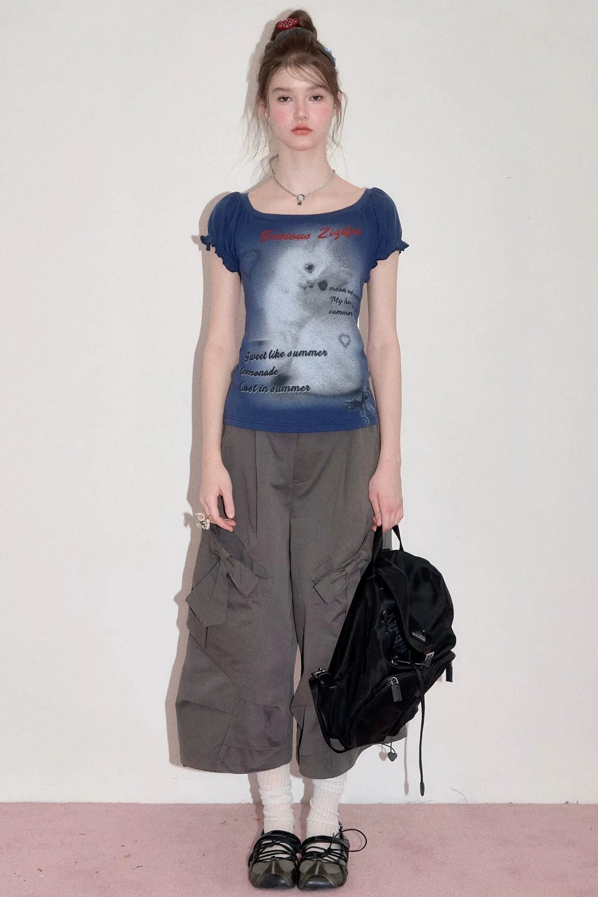 Cat Print Puff Sleeve Short Sleeve T-Shirt