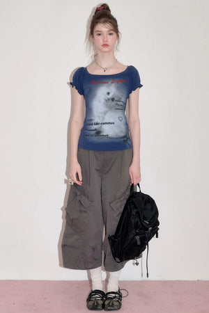 Cat Print Puff Sleeve Short Sleeve T-Shirt