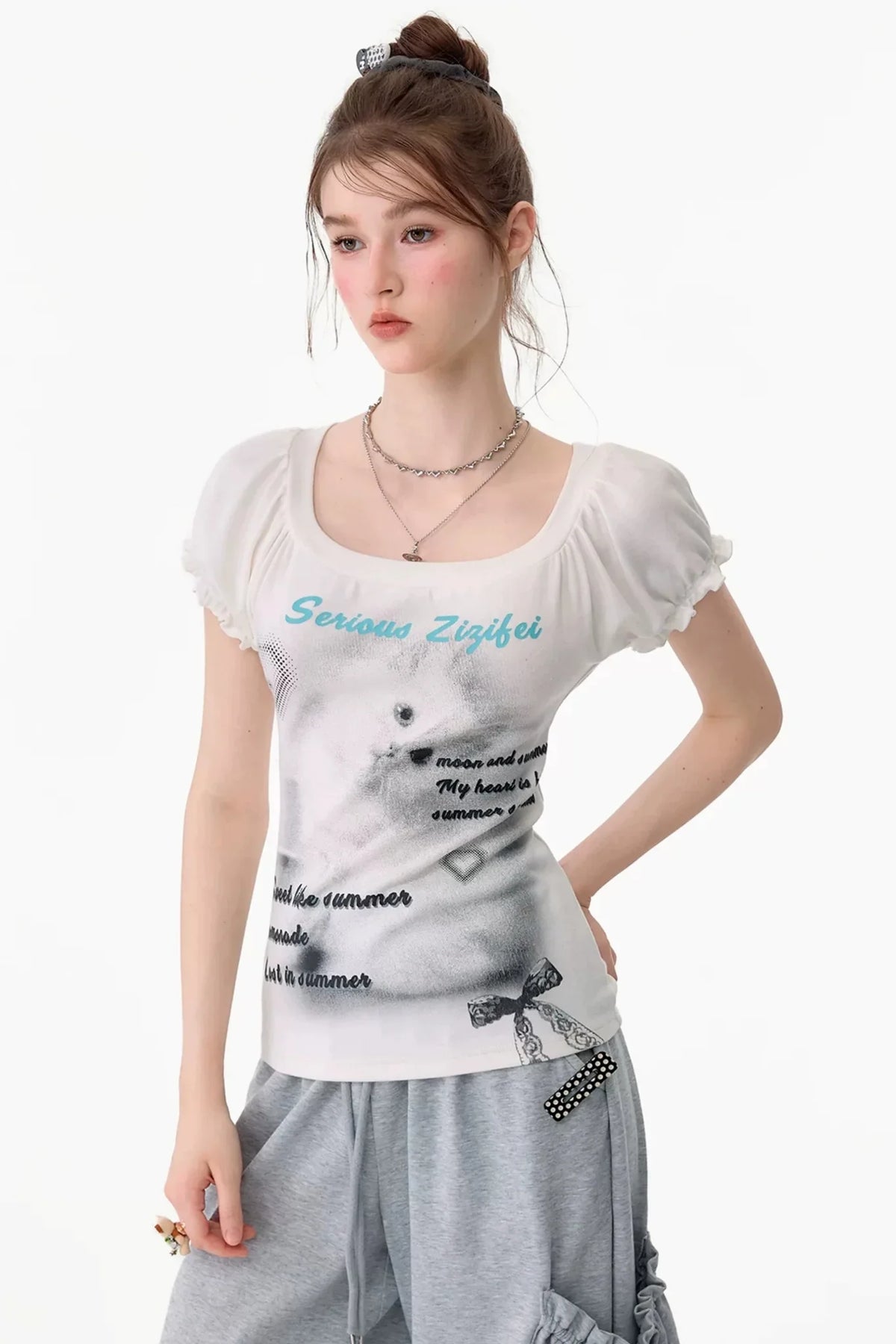 Cat Print Puff Sleeve U-Neck T-Shirt