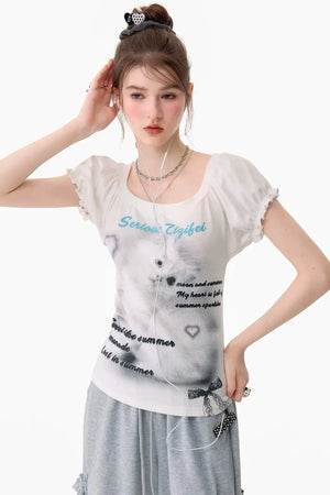 Cat Print Puff Sleeve U-Neck T-Shirt