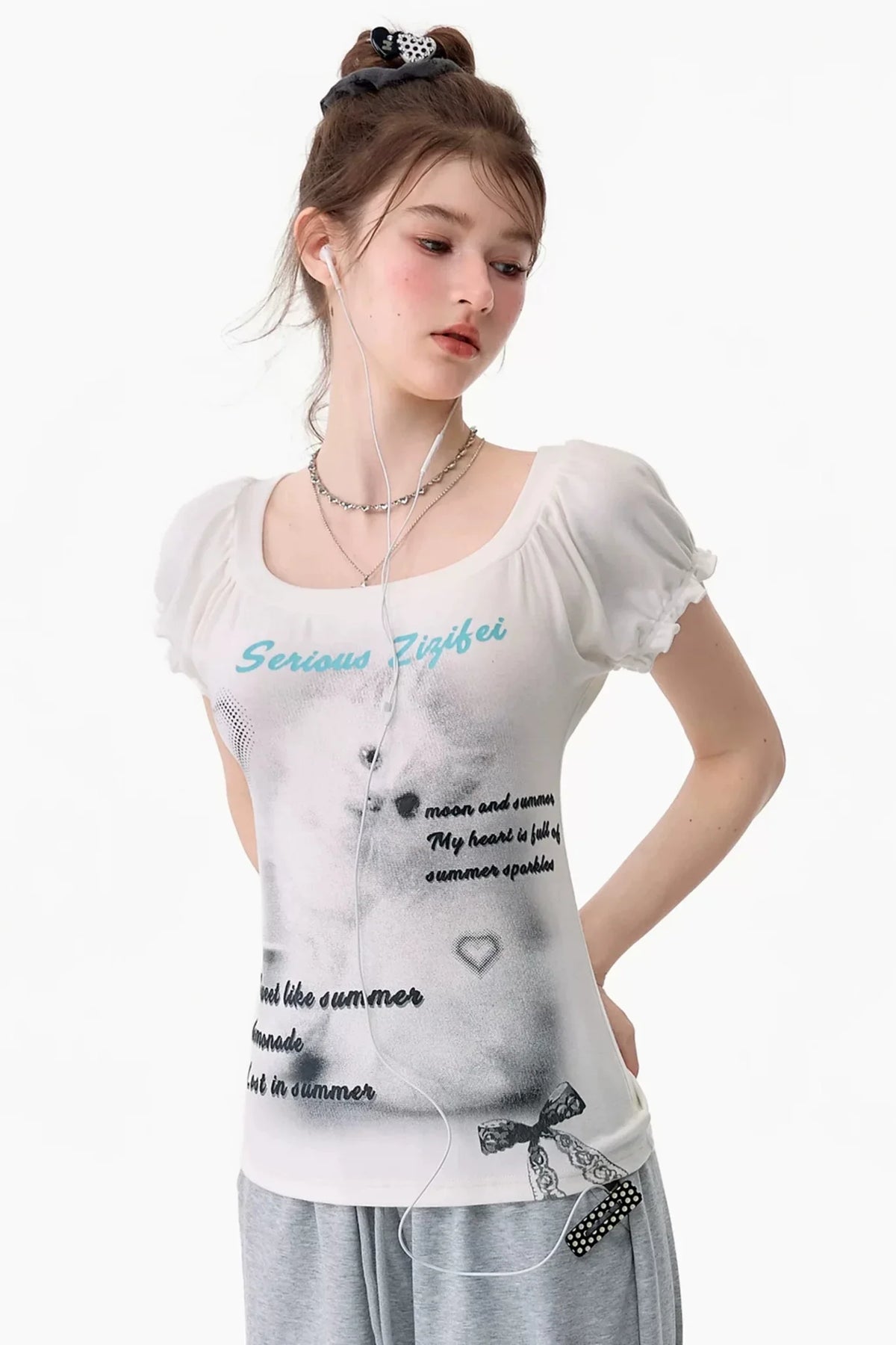 Cat Print Puff Sleeve U-Neck T-Shirt