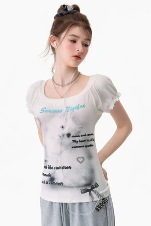 Cat Print Puff Sleeve U-Neck T-Shirt