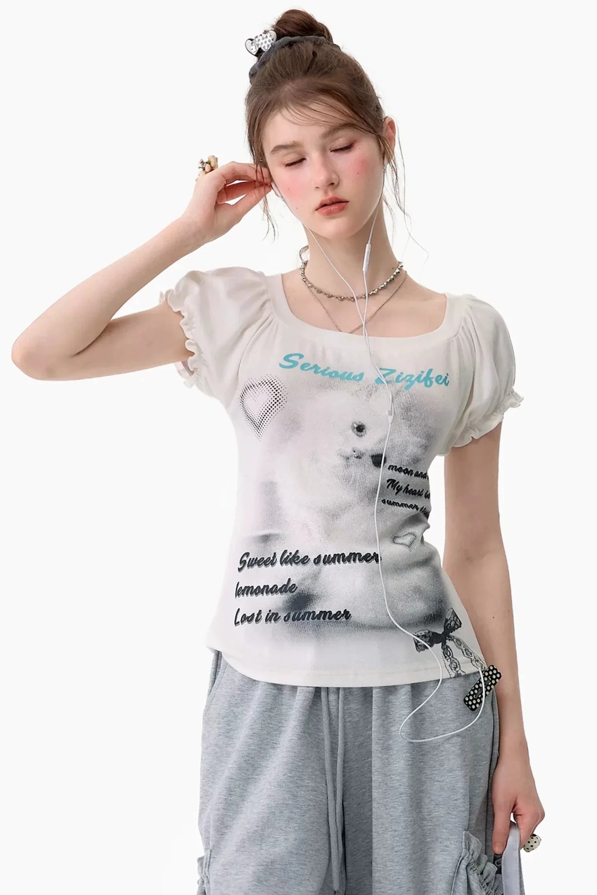 Cat Print Puff Sleeve U-Neck T-Shirt