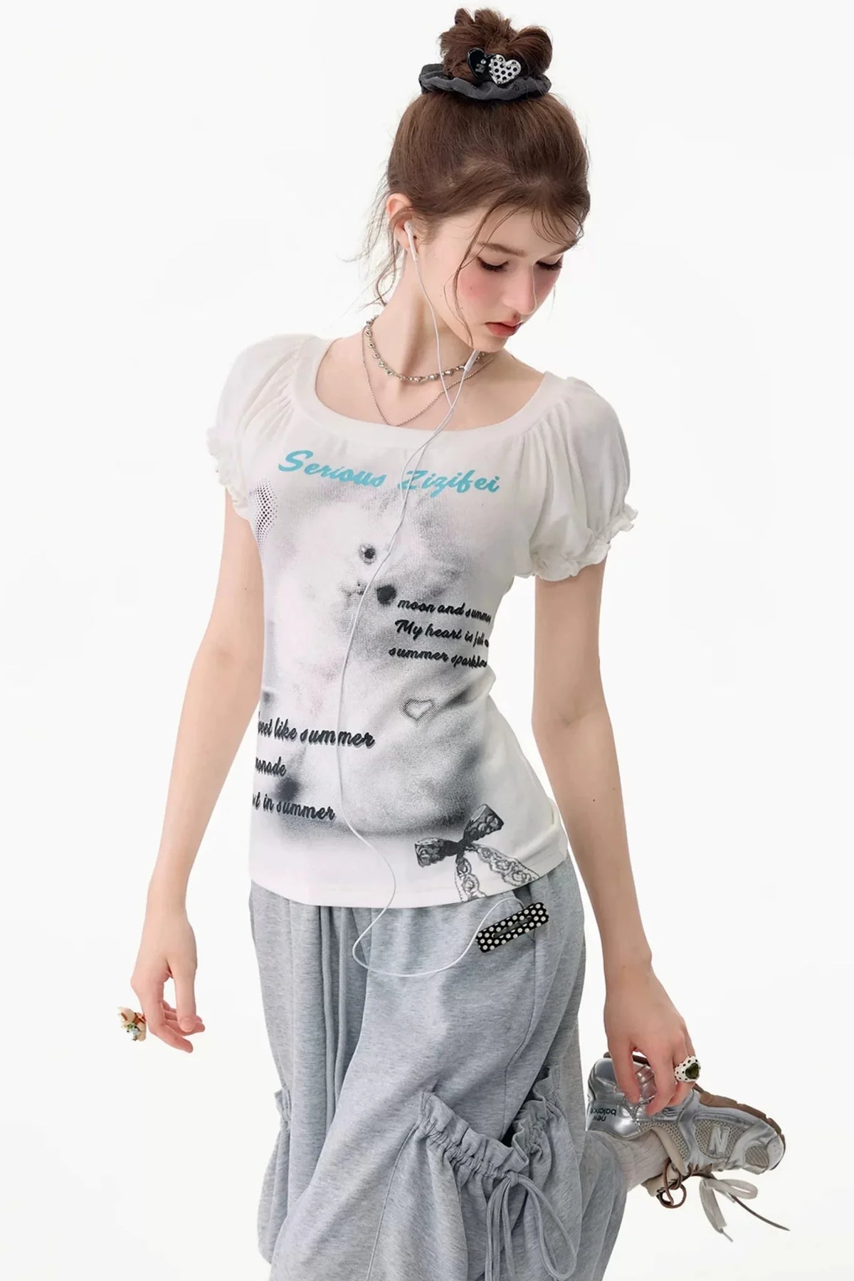 Cat Print Puff Sleeve U-Neck T-Shirt