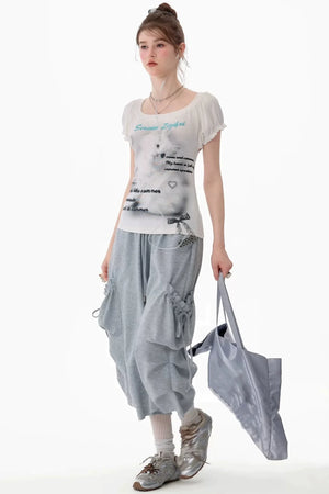 Cat Print Puff Sleeve U-Neck T-Shirt