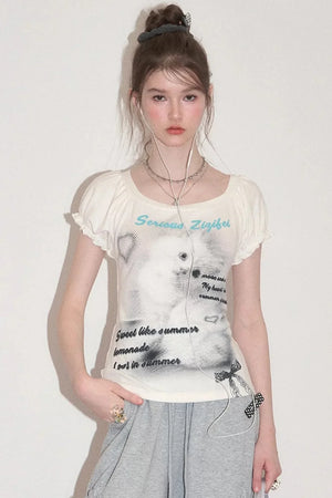 Cat Print Puff Sleeve U-Neck T-Shirt