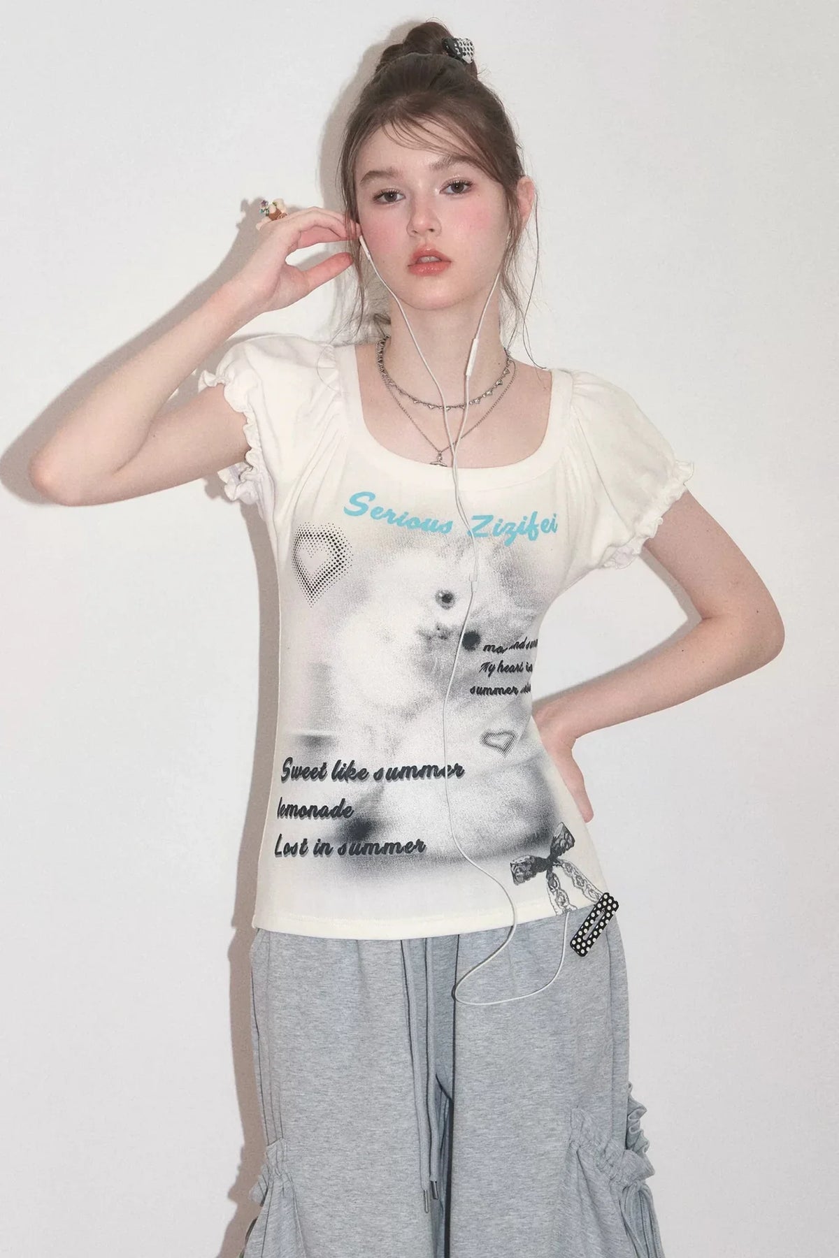 Cat Print Puff Sleeve U-Neck T-Shirt
