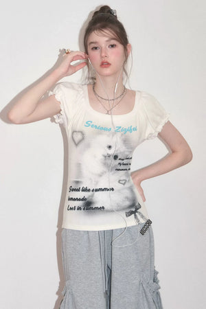 Cat Print Puff Sleeve U-Neck T-Shirt