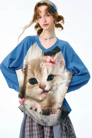 Cat Print Raglan Long Sleeve T-Shirt