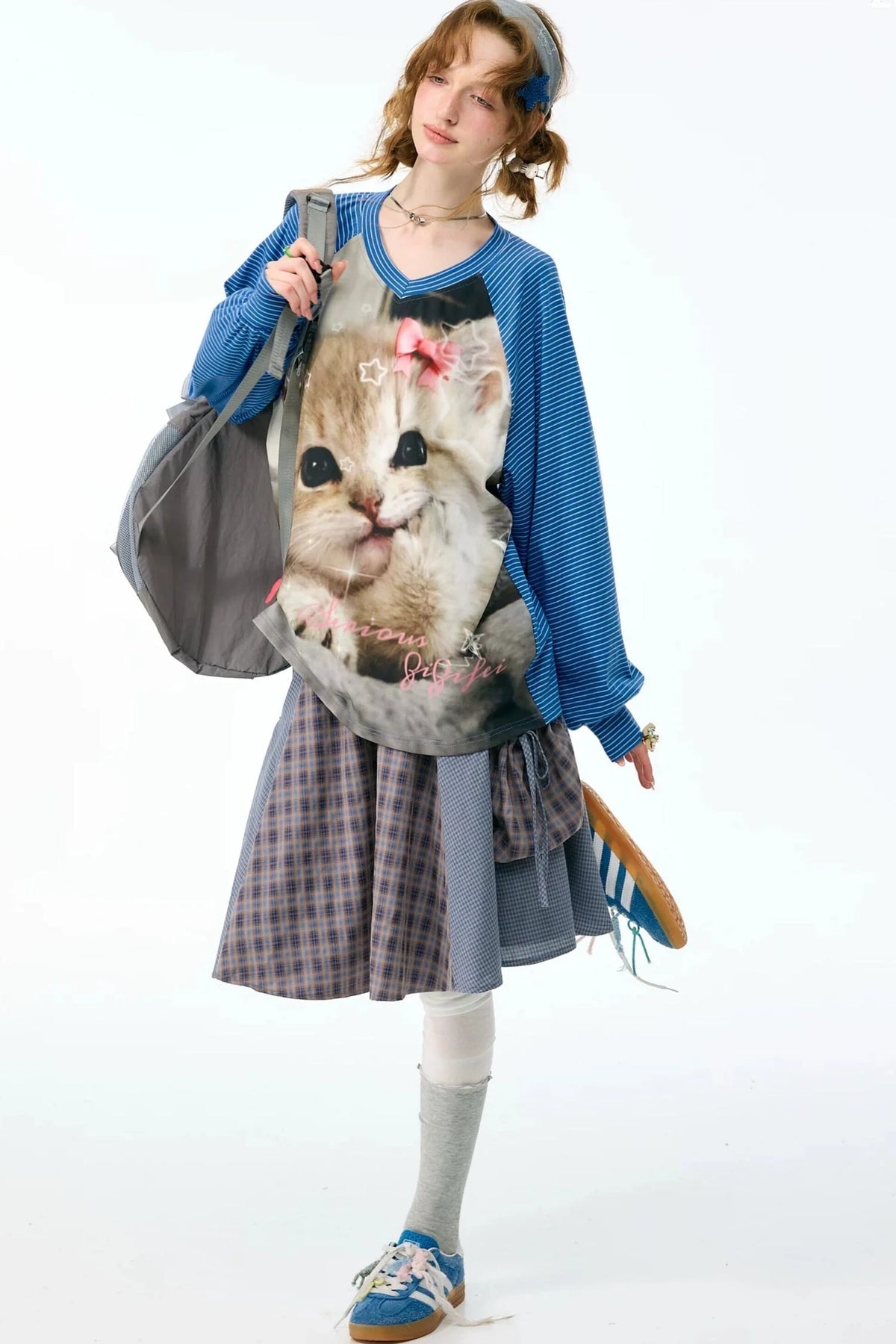 Cat Print Raglan Long Sleeve T-Shirt