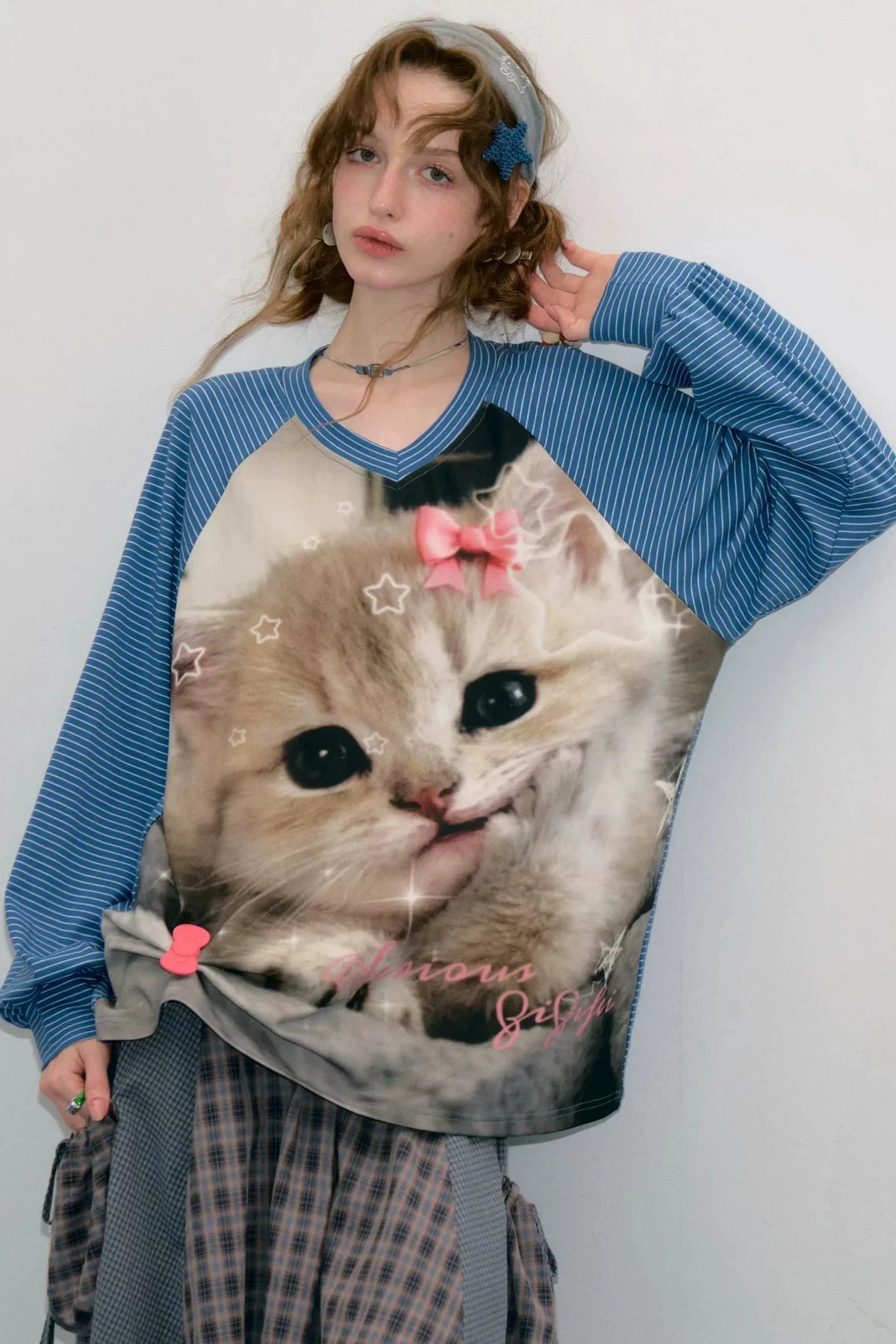 Cat Print Raglan Long Sleeve T-Shirt
