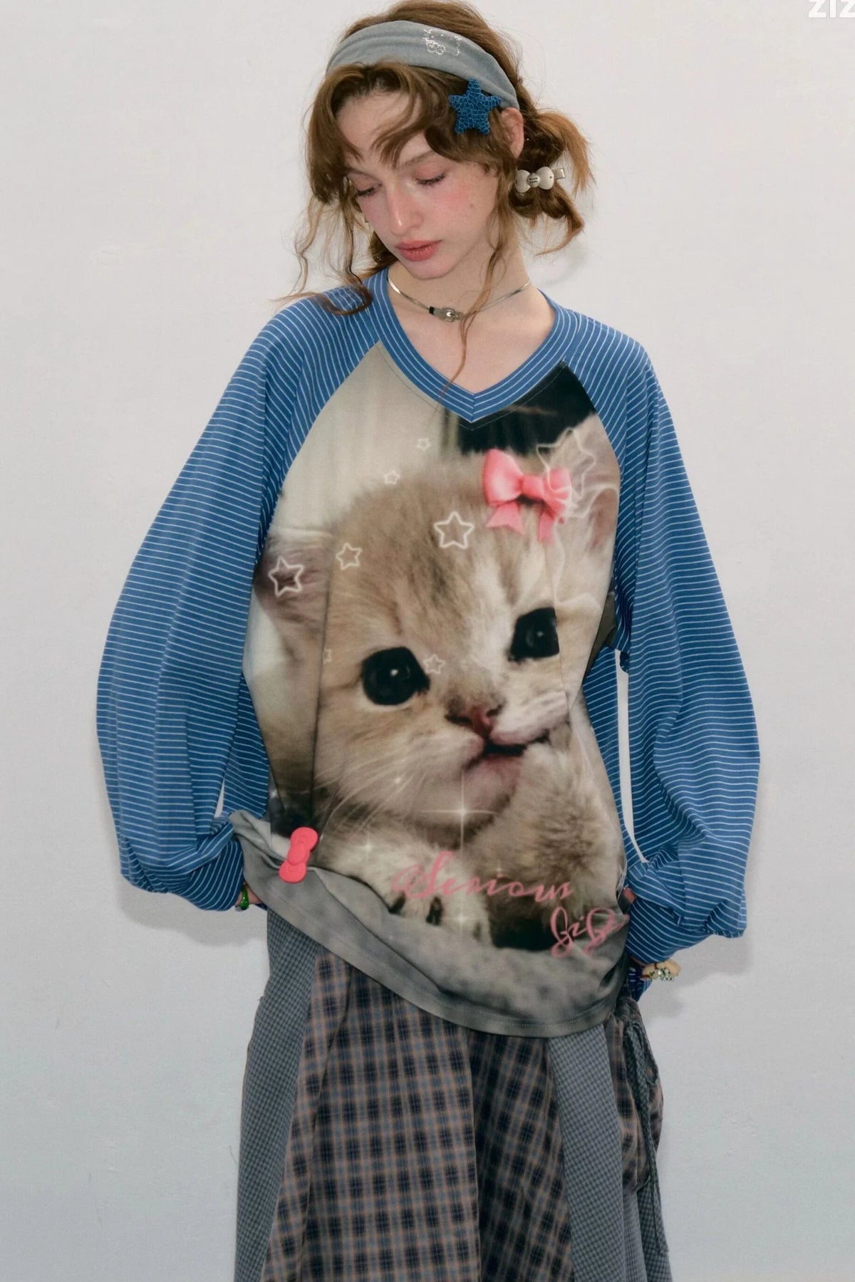 Cat Print Raglan Long Sleeve T-Shirt