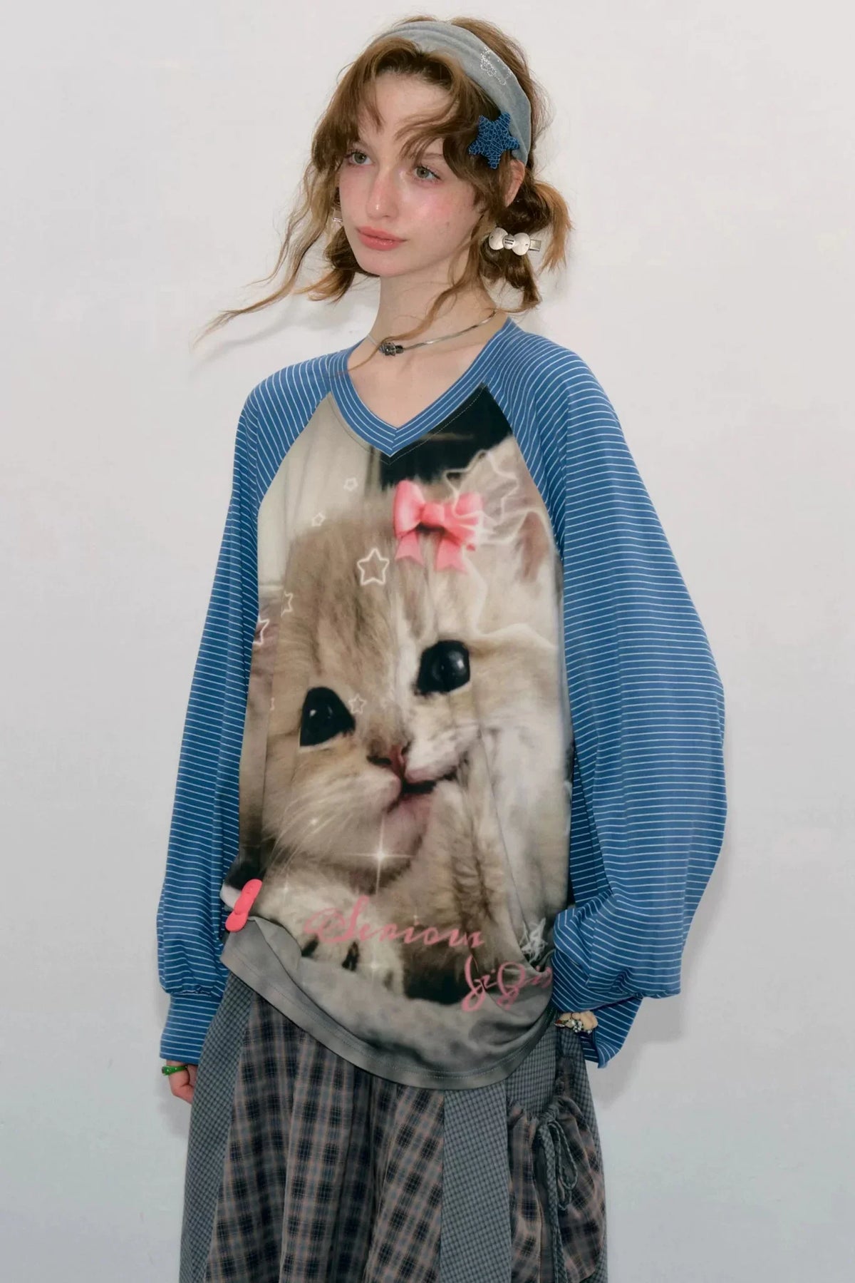 Cat Print Raglan Long Sleeve T-Shirt