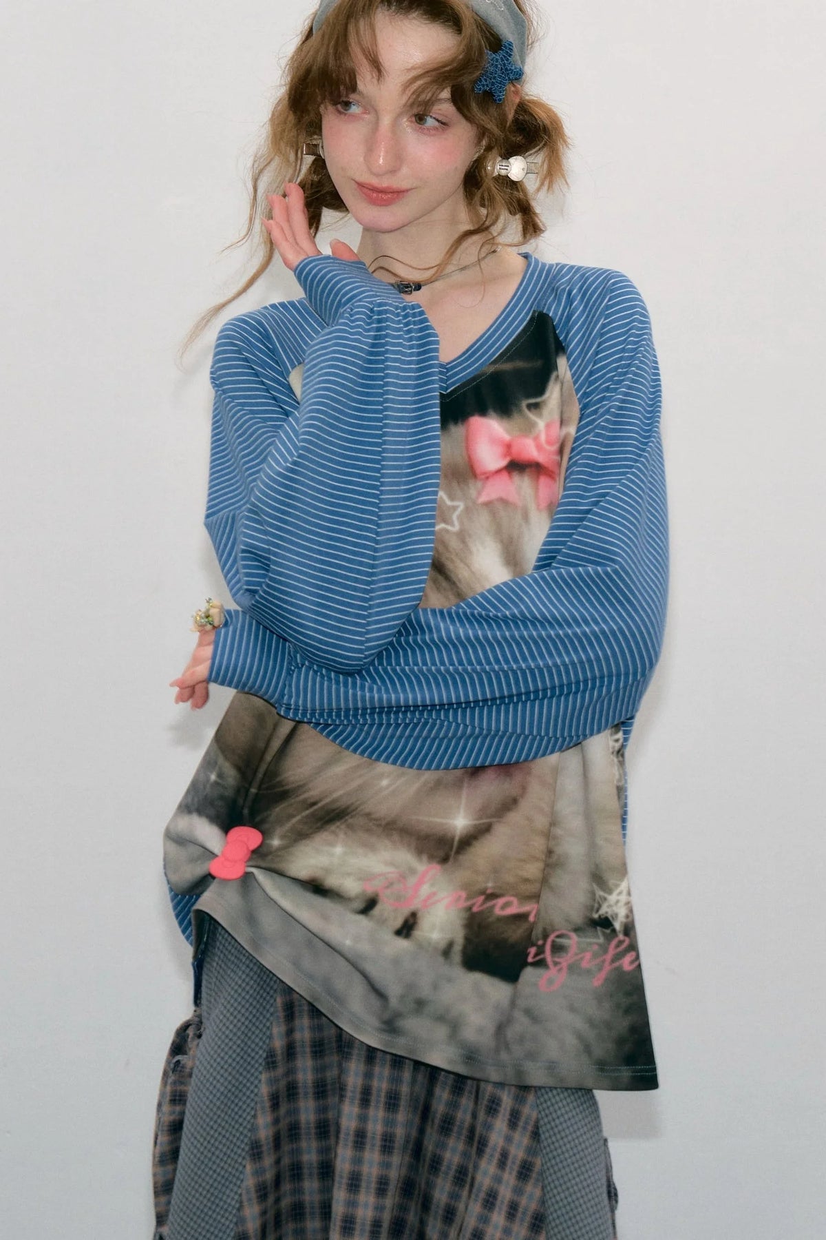 Cat Print Raglan Long Sleeve T-Shirt