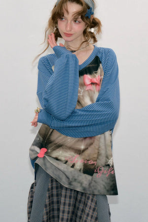 Cat Print Raglan Long Sleeve T-Shirt