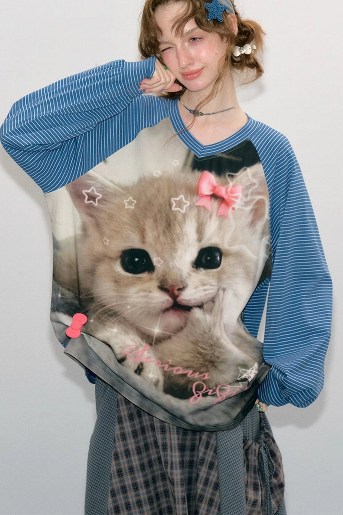 Cat Print Raglan Long Sleeve T-Shirt