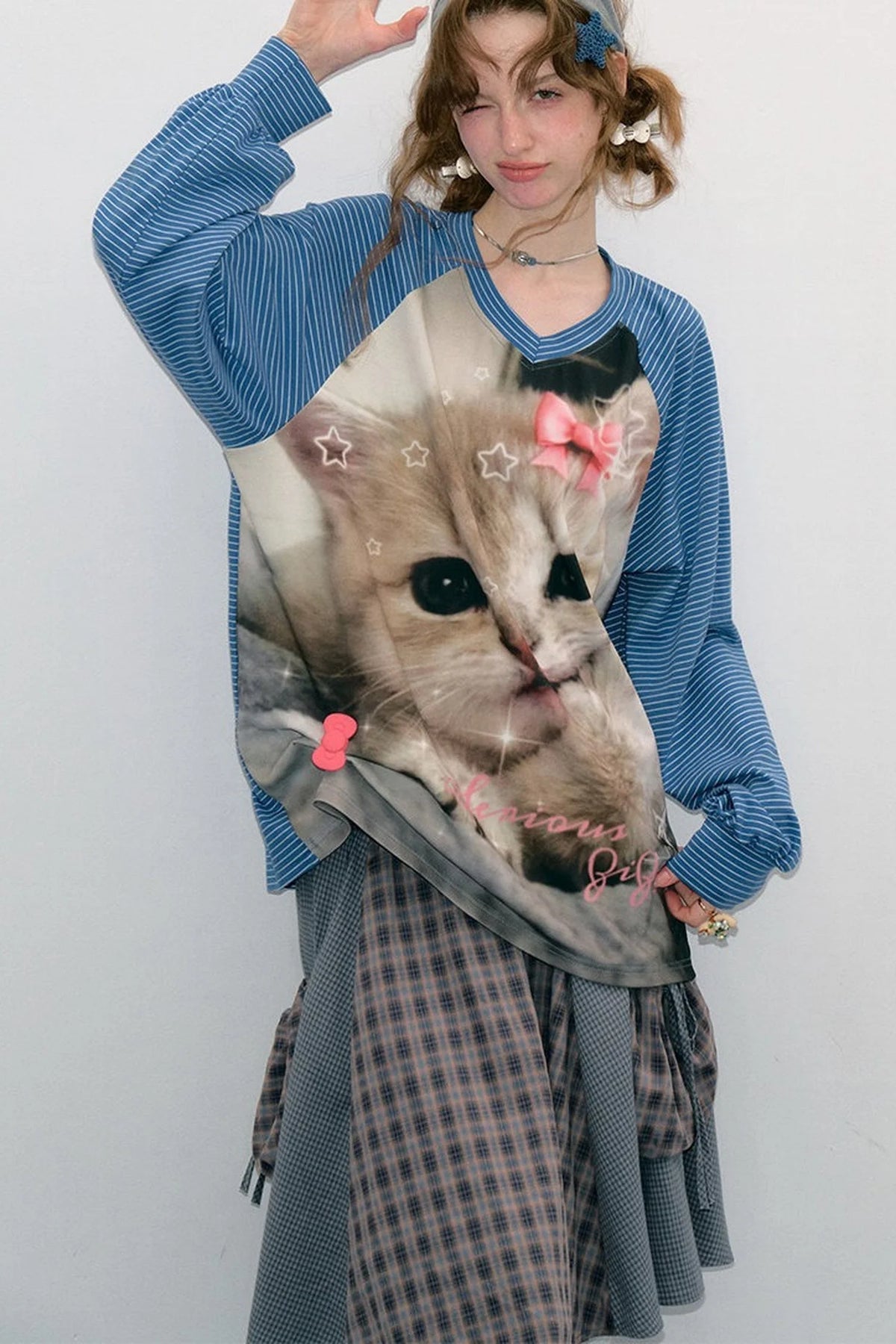 Cat Print Raglan Long Sleeve T-Shirt