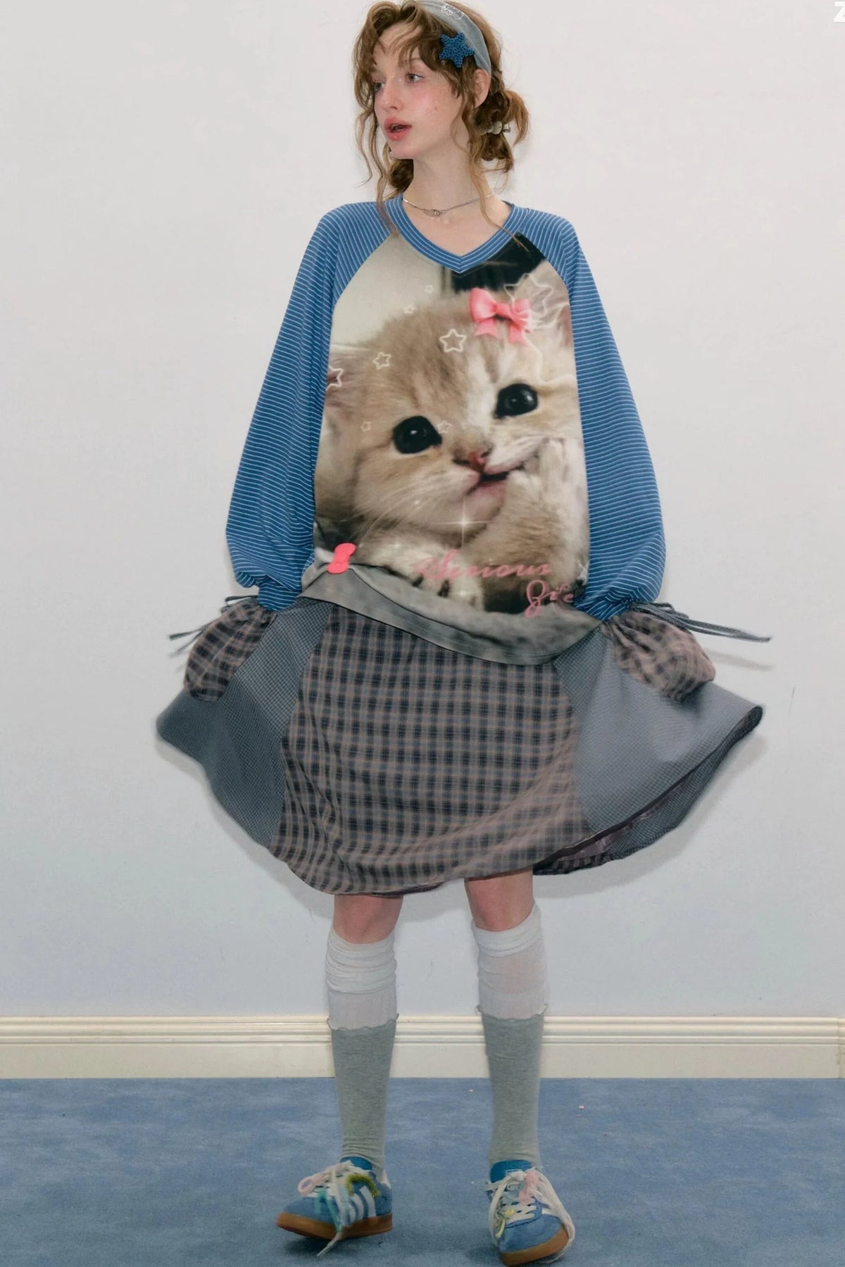 Cat Print Raglan Long Sleeve T-Shirt