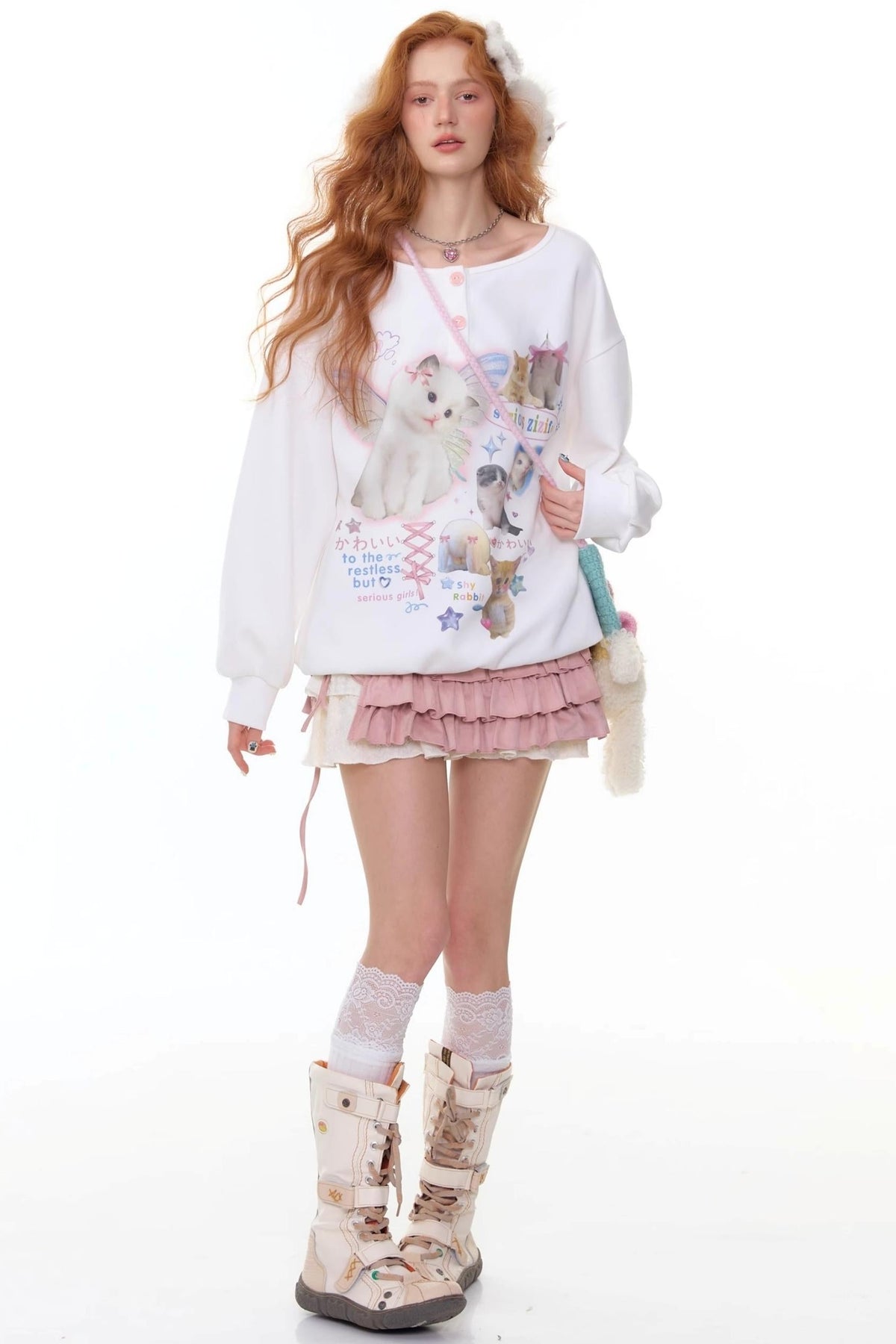 Cat Print Round Neck Sweatshirt
