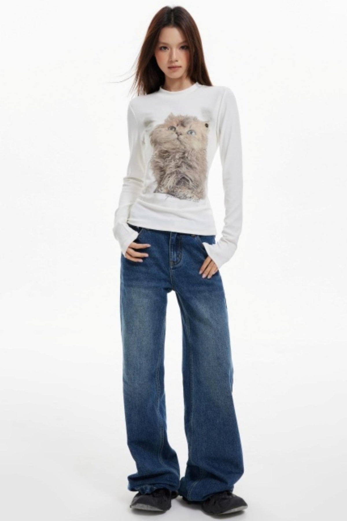 Cat Print Slim Knit Base Top