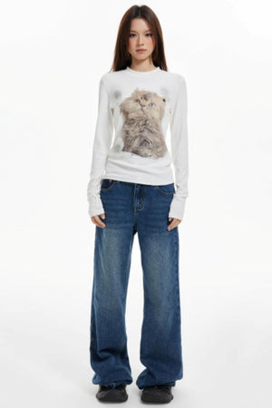 Cat Print Slim Knit Base Top