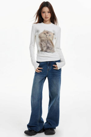 Cat Print Slim Knit Base Top