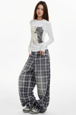 Cat Print Slim Knit Base Top