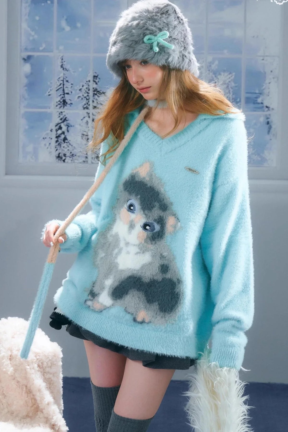 Cat Print V-Neck Polo Light Blue Sweater