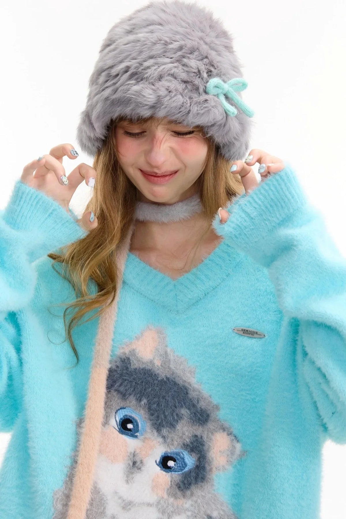 Cat Print V-Neck Polo Light Blue Sweater