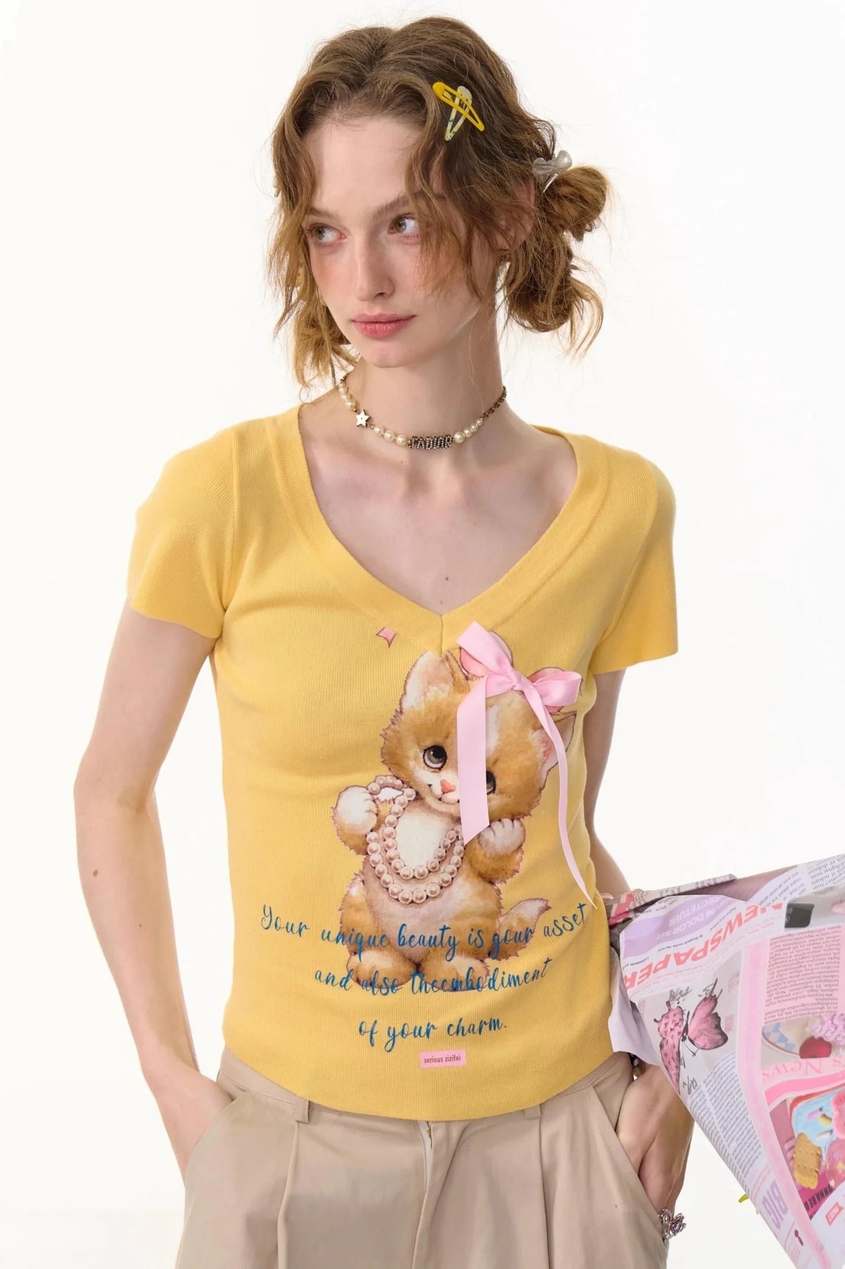 Cat Print V-Neck T-Shirt