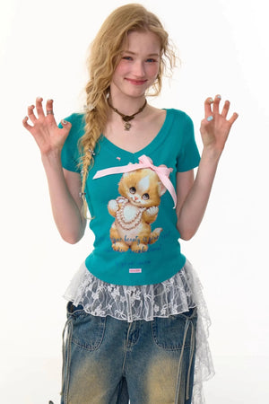 Cat Print V-Neck T-Shirt