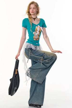 Cat Print V-Neck T-Shirt