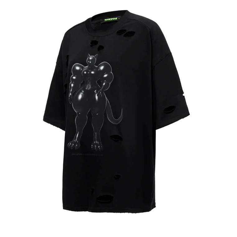 Cat Print Waist Black T-Shirt