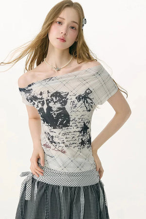 Cat Shadow Off-Shoulder Mesh T-Shirt