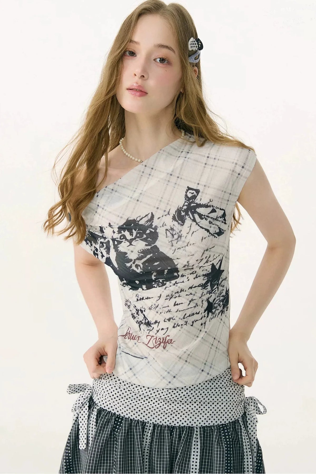 Cat Shadow Off-Shoulder Mesh T-Shirt
